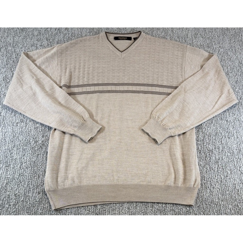 Bachrach Wool Blend Sweater Men's‎ Large Beige V-Neck Long Sleeve Italian Wool